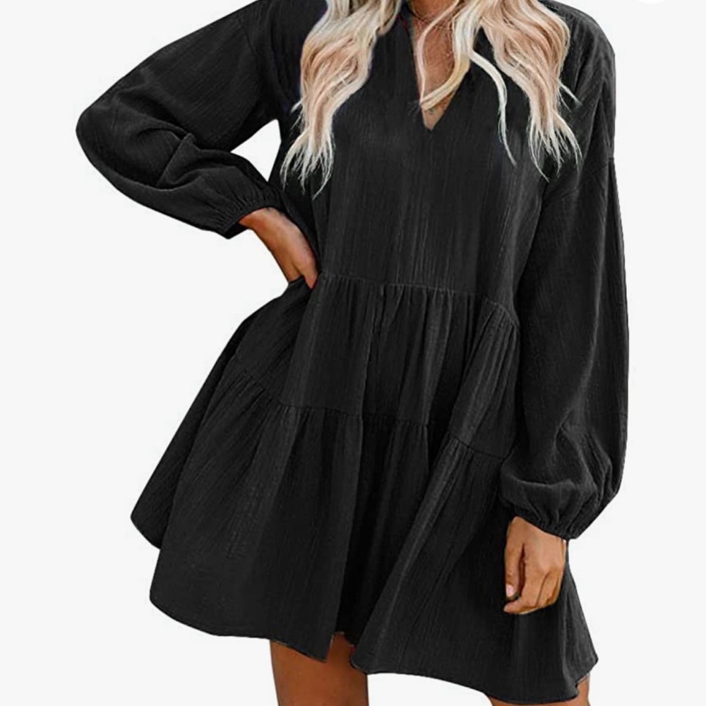 Women’s Shift Dress Bell Sleeve V-Neck Loose Dress with Pockets